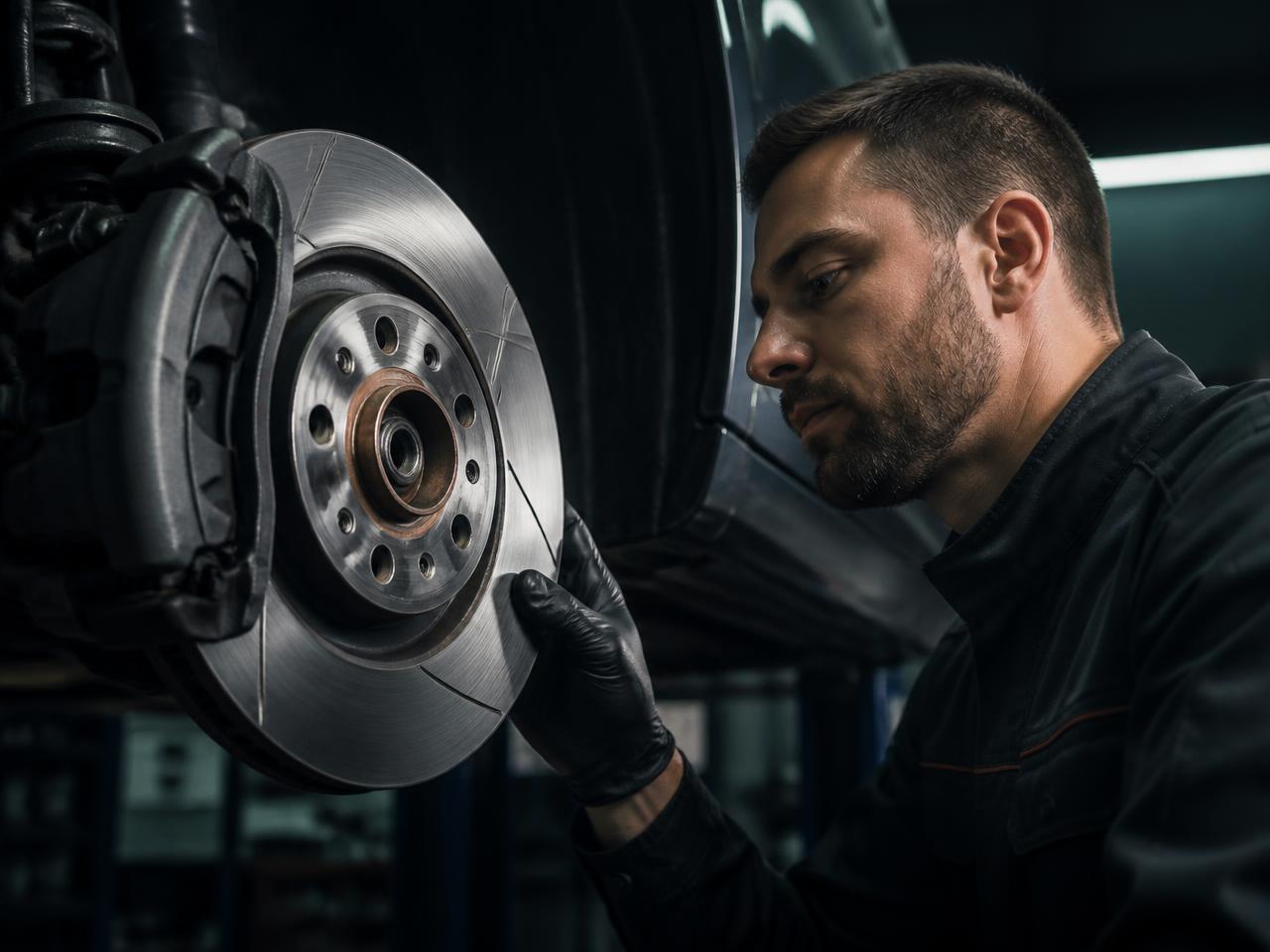 Technician inspecting a brake disc and caliper on a raised vehicle