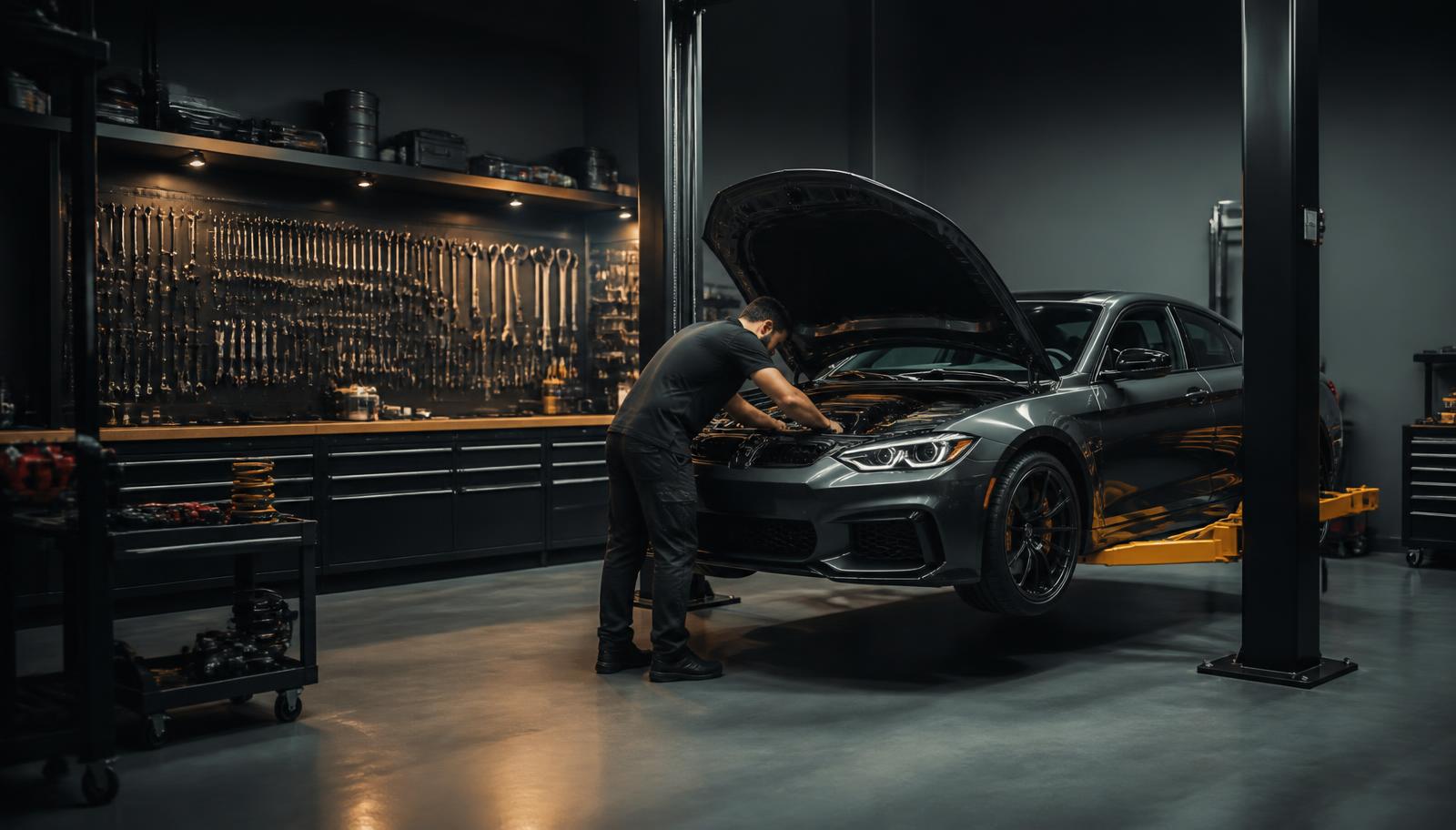 Technician working under the bonnet of a car inside a clean modern workshop